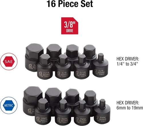 Miniatura 3 de Sunex 3646, juego de destornilladores hexagonales de impacto de perfil bajo de 3/8 pulgadas, 16 piezas, SAE/métrico, 1/4 pulgadas - 3/4 pulgadas, 6