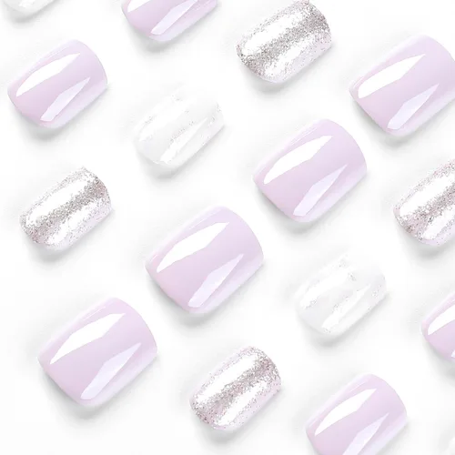 Miniatura 3 de Uñas postizas cuadradas cortas a presión, uñas postizas de color rosa, de cobertura completa, uñas postizas con purpurina plateada con diseños
