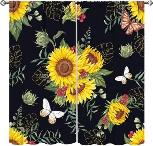 Cortinas vintage de cocina de girasol, rústico, negro dorado, floral, granja, flores amarillas, mariposas, tratamiento de ventana para dormitorio,