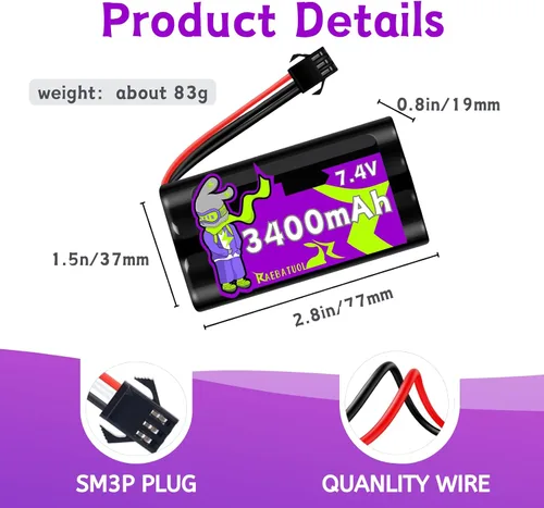 Miniatura 3 de Batería de 3400mAh 7.4V con enchufe SM-3P, batería recargable de alta capacidad para camión RC G03060R, Huina 1575, DE43 DE60 Racing Car Nueva