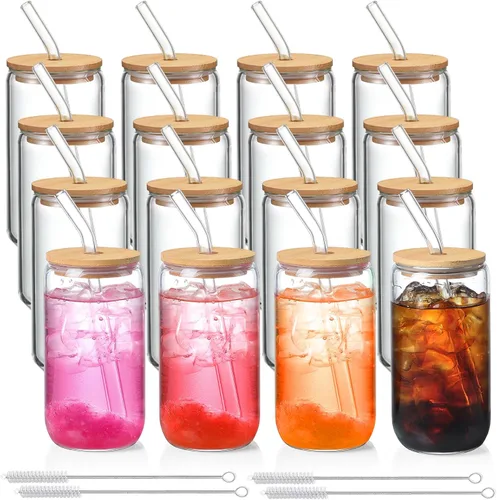 Miniatura 11 de NETANY Juego de 8 piezas: vasos para beber con tapas de bambú y popote de vidrio, vasos de vidrio de 16 onzas, vasos de cerveza, vasos de café