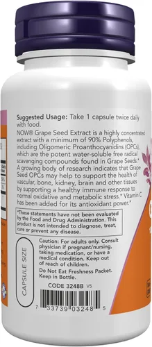 Miniatura 3 de NOW Suplementos, Semilla de Uva 100 mg - Extracto estandarizado, extracto altamente concentrado con un mínimo de 90% de polifenoles, con vitamina C
