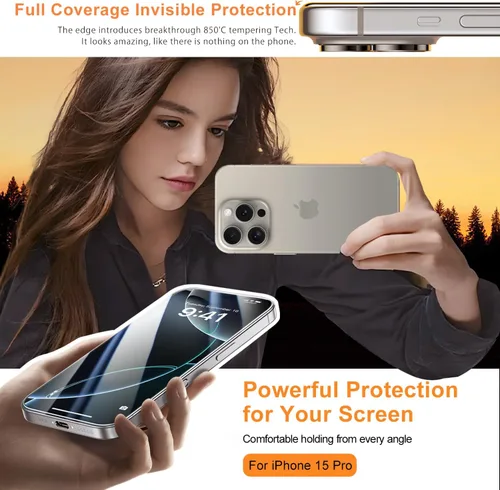 Miniatura 5 de Paquete de 2 protectores de pantalla para iPhone 15 Pro, dureza 9H, protector de pantalla de vidrio templado con kit de alineación automática