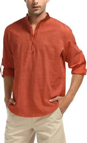 Miniatura 2 de LecGee Mens Cotton Linen Henley Shirt Long Sleeve Casual Beach Hippie T-Shirts Lightweight Yoga Tee Tops