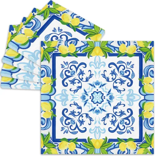 JarThenaAMCS 80 servilletas de papel de limón de azulejos cian-azul amarillo servilletas de almuerzo acuarela limón desechables servilletas de cena