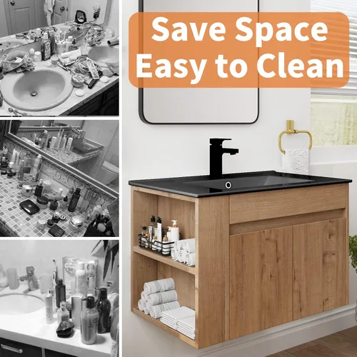 Miniatura 5 de Tocador de baño de 30 pulgadas con fregadero, moderno combo montado en la pared con lavabo de cerámica blanca y estante abierto ajustable, grifo