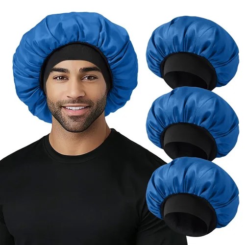 Miniatura 8 de Gorro para hombre, gorro de doble capa para dormir, gorro de dormir ajustable con banda elástica, gorros de satén de seda para trenzas de cabello