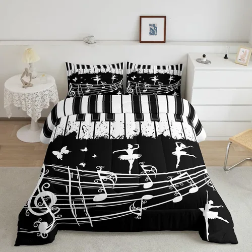 Miniatura 2 de Juego de ropa de cama con música de piano, tamaño matrimonial, juego de edredón de notas musicales en blanco y negro, 3 piezas, silueta de Multi 10
