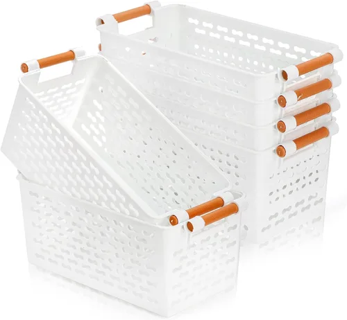 Miniatura 10 de Yesland Paquete de 6 cestas de almacenamiento de plástico, cesta organizadora negra con asas para armario de oficina en casa, 6 x 12 x 5 pulgadas