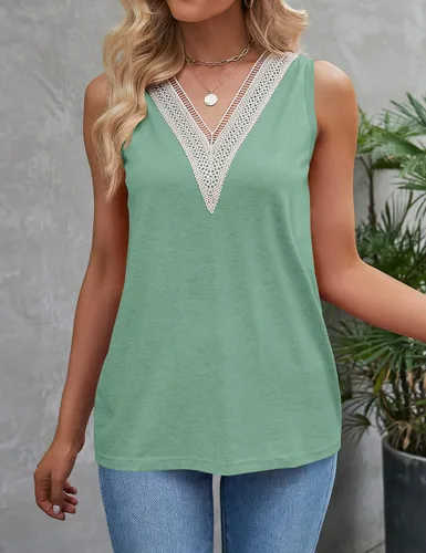 Miniatura 3 de TECREW Camiseta sin mangas con cuello en V y ribete de encaje para mujer, blusa holgada de verano