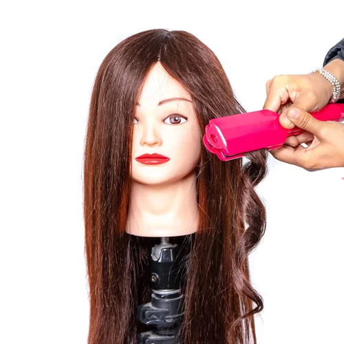 Miniatura 2 de Cabeza de maniquí con 60% cabello real, cabeza de práctica y entrenamiento para peluquería, maniquí para cosmetología, con 9 herramientas y soporte