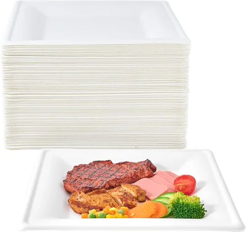 Miniatura 8 de ECOLipak 150 Piezas Platos Cuadrados Compostables, Platos de Papel Desechables de Caña de Azúcar Biodegradables Ecológicos de Alta Resistencia de 6