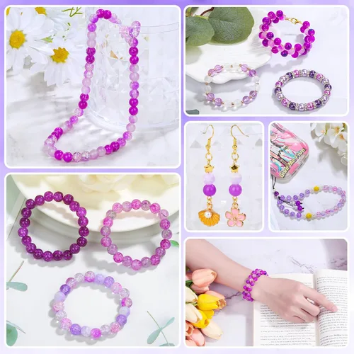 Miniatura 7 de PAXCOO 720 piezas Cuentas de vidrio para hacer joyas 8mm, kit de fabricación de pulseras con cuentas redondas sueltas de 24 colores en púrpura