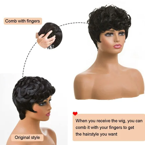 Miniatura 6 de MOONSHOW - Pelucas cortas de corte Pixie para mujeres negras, peluca de corte Pixie marrón Short Pixie Wigs for Black Women Natural Layered Short