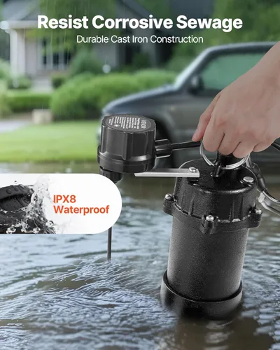 Miniatura 4 de VEVOR Bomba sumergible para aguas residuales, 1/3 HP, bomba de aguas residuales/efluentes de hierro fundido de 3000 GPH con interruptor flotador