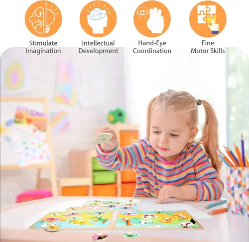 Miniatura 4 de WOOD CITY Juego de rompecabezas y estante para niños pequeños, paquete de rompecabezas de madera con soporte de almacenamiento, rompecabezas