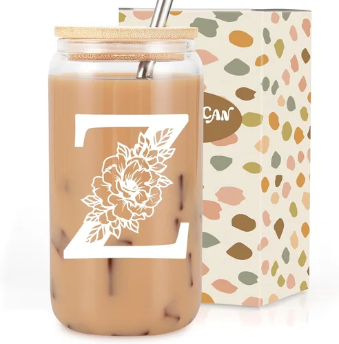 Miniatura 27 de Taza de Vidrio Inicial Coolife, Regalos Personalizados con Monograma para Mujeres, Tazas de Vidrio de 16 oz con Tapas y Popotes, Taza de Café