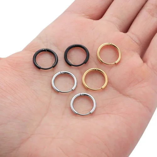 Miniatura 7 de Aretes de aro Huggie para mujeres y hombres, acero inoxidable quirúrgico 316L, 0.236 in, 0.315 in, 0.394 in, para hombre, aretes de aro