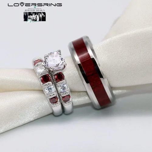 Miniatura 2 de Conjunto de dos anillos de boda para él y para ella, anillos para parejas. Anillos de compromiso para novia en acero inoxidable chapado en oro Blanco