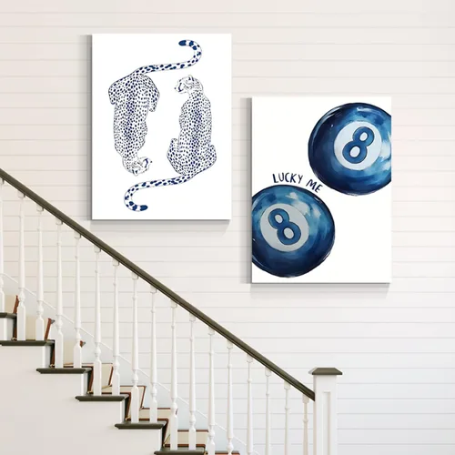 Miniatura 5 de GELDSTEI Arte de Pared de Guepardo Azul Preppy, Imágenes Estéticas Retro de Bola 8 Azul Marino, Obra de Arte en Lienzo Envuelto de Labios de Beso