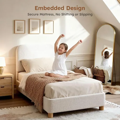 Miniatura 3 de Estructura de cama en forma de nube BERRY NEST, estructura de cama suave de bouclé con cabecero ajustable, patas de madera maciza, diseño