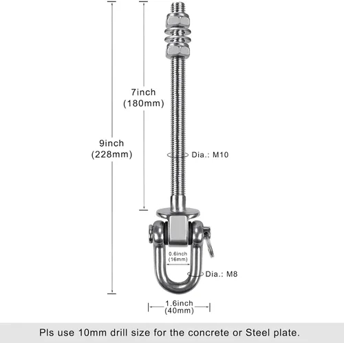 Miniatura 2 de SELEWARE Perchas de acero inoxidable resistentes con rodamientos (juego de 2), pernos oscilantes M10 x 9 pulgadas, capacidad de 1800 libras