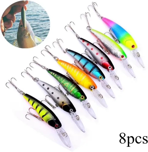 Miniatura 2 de Juego de 8 señuelos de pesca, cebos de trucha minnow Swimbait, señuelos artificiales para lubina, cebo de manivela para trucha, salmón