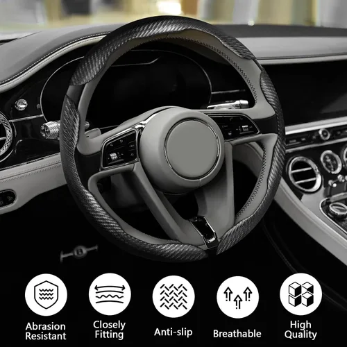 Miniatura 5 de funda segmentada de 3 piezas para volante de automóvil, protector antideslizante de volante de cuero de fibra de carbono, funda antideslizante