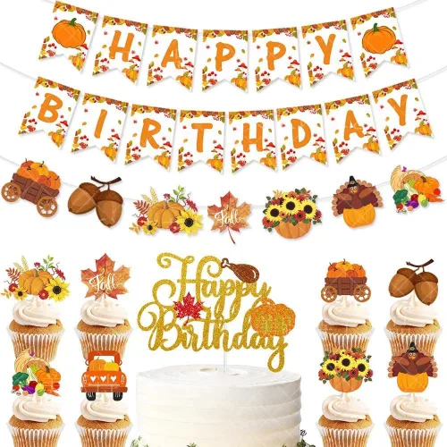 Cartel de Feliz Cumpleaños de Otoño – Bonito juego de decoraciones de fiesta de cumpleaños de Acción de Gracias, cosecha colorida decoración de