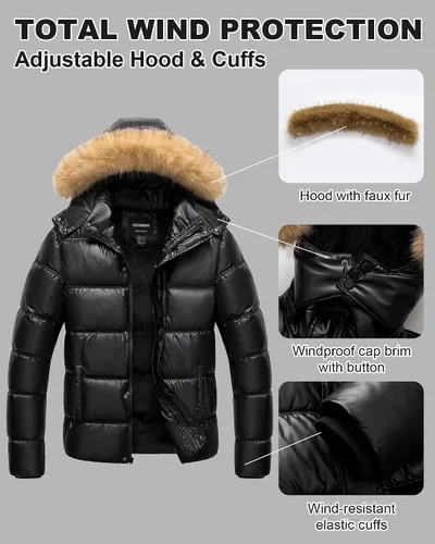 Miniatura 4 de Chaqueta acolchada para hombre, abrigo de invierno con capucha de piel, impermeable y resistente al viento, forro polar, 4 bolsillos