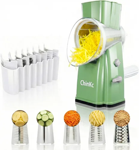 Miniatura 14 de Rallador rotativo de queso mejorado con asa, base de succión fuerte, rebanador giratorio multiusos con 5 cuchillas intercambiables para hielo, Verde