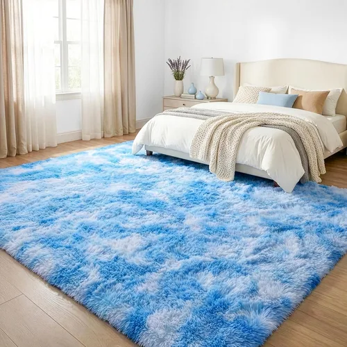 Miniatura 4 de DweIke Alfombras Esponjosas Azules de Pelo Largo para Dormitorio y Sala de Estar, 3x5 Pies, Alfombra Suave de Felpa Teñida Azul Cielo Claro