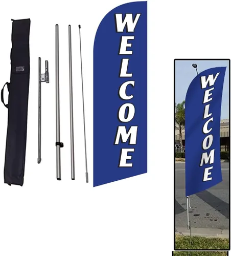 Cartel de bandera de bienvenida con plumas de bienes raíces con asta de bandera, estaca de tierra y bolsa de viaje, 8 pies de alto