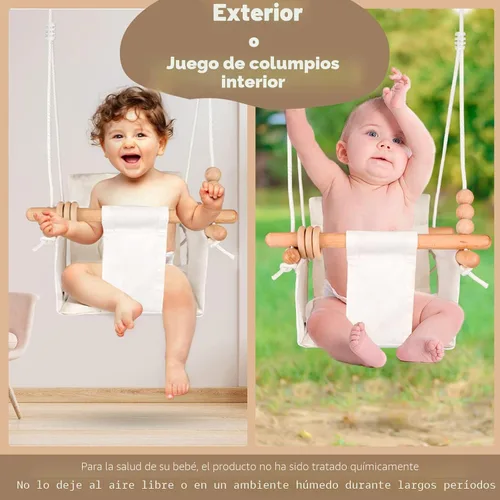Miniatura 6 de Columpio para Bebé Interior y Exterior Asiento de Columpio para Niños Pequeños con Cinturón de Seguridad, Columpios Colgantes de Lona Exterior Crema