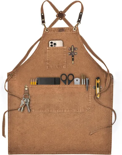 LEATHER VILLAGE Delantales de chef para hombres y mujeres con bolsillos grandes, delantal de trabajo ajustable de lona de algodón con espalda Canela