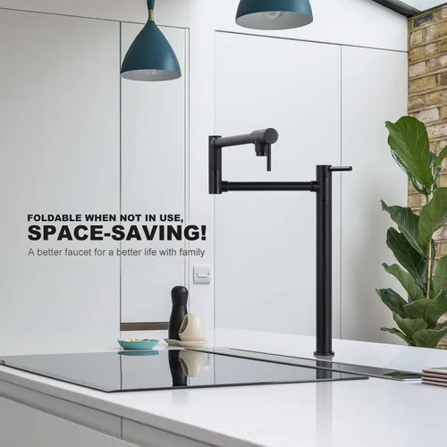 Miniatura 2 de WOWOW Pot Filler Faucet - Grifo de estufa de montaje en cubierta, relleno de olla de latón macizo, negro mate con brazo oscilante elástico de doble
