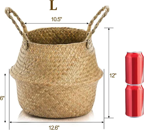 Miniatura 2 de Yesland Paquete de 2 cestas tejidas de hierba marina con asas, cestas de mimbre ideales para almacenamiento de plantas, cestas para lavandería
