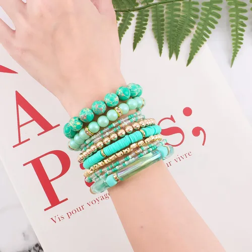 Miniatura 4 de Pulseras bohemias de cuentas de turquesa para mujer, 10 unidades, apilables, de piedra natural, elásticas, de varias capas, juego de pulseras