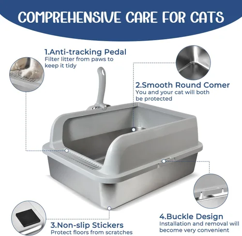 Miniatura 4 de Caja de arena para gatos de acero inoxidable, caja de arena de pared alta para gatos pequeños, caja de arena de metal con tapa, antiadherente