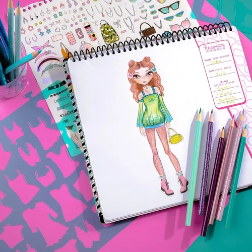 Miniatura 5 de Fashion Angels Cuaderno de bocetos de diseño de moda - Libro de bocetos para principiantes, bloc de bocetos con plantillas y calcomanías para niños