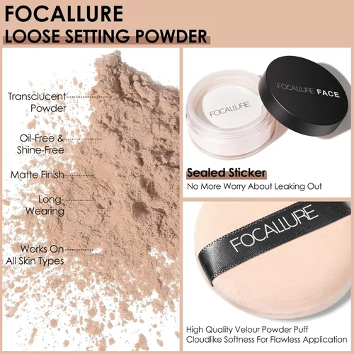 Miniatura 2 de FOCALLURE Polvo Facial Suelto de Control de Grasa, Polvo Fijador Suelto Translúcido, Polvo de Acabado Mate Sin Brillo, Fija el Maquillaje de Base