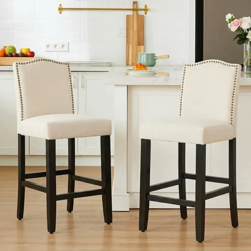 Miniatura 2 de LSSPAID Juego de 2 taburetes de bar, de 28.5 pulgadas, modernos tapizados de tela, taburetes de bar con respaldo de cabeza de clavo y patas de Beige