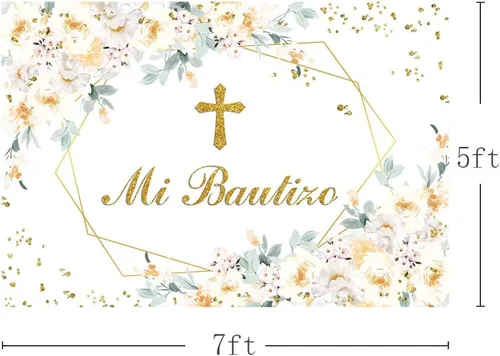 Miniatura 3 de AIBIIN Telón de fondo Mi Bautizo de 7 x 5 pies para niña, diseño floral amarillo y blanco, para fotografía de bautismo, puntos dorados
