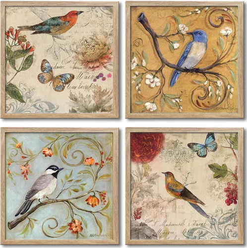 Arte de pared enmarcado con flores y pájaros en lienzo para dormitorio, decoración floral de pared, imagen de mariposa, obra de arte con impresiones