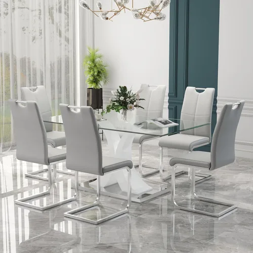 Miniatura 10 de Juego de comedor moderno de vidrio de lujo de 5 piezas, juego de cena rectangular minimalista grande para 4, juego de mesa de cocina de vidrio