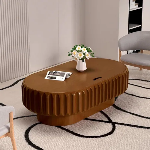 Miniatura 6 de Mesa auxiliar ovalada con almacenamiento, mesa de centro moderna acanalada de 43.3 pulgadas con tapa extraíble para sala de estar, mesa central