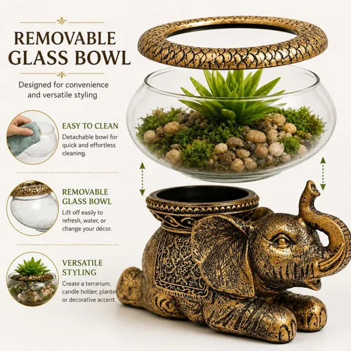Miniatura 4 de Tazón de cristal de elefante de buena suerte, figura decorativa envejecida dorada con cuenco de vidrio extraíble, terrario, portavelas o acuario