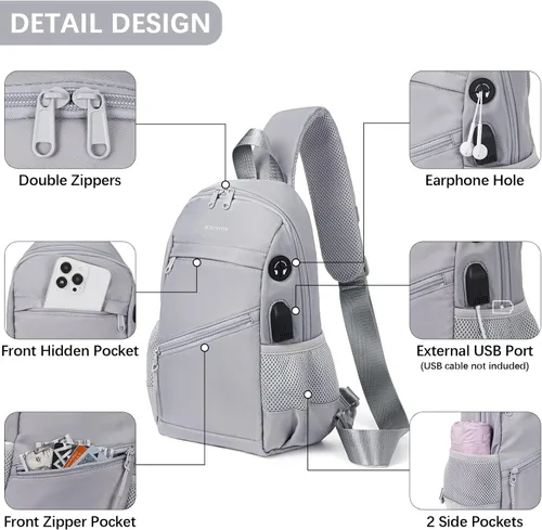 Miniatura 5 de BOSTANTEN Bolso bandolera para mujeres y hombres, bolso cruzado ligero para mujer, bolsa de hombro para viajes, senderismo, con puerto de carga USB