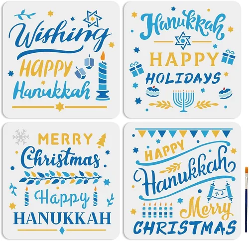 MAYJOYDIY 4 plantillas Happy Hanukkah de 11.8 x 11.8 pulgadas, plantillas de Menorah Dreidel Star of David con pincel de pintura, plantilla de Feliz