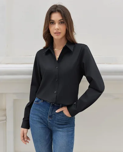 Miniatura 3 de siliteelon Camisas con botones para mujer, camisa de vestir de algodón de manga larga con cuello, camisa de negocios, trabajo, oficina, blusa